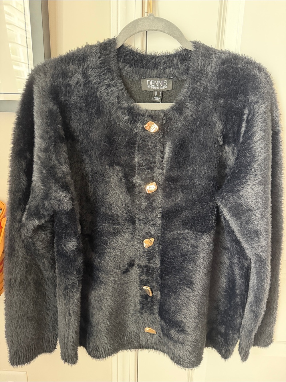 Dennis Basso Plush Faux-Fur Black Button-Front Sweater Jacket